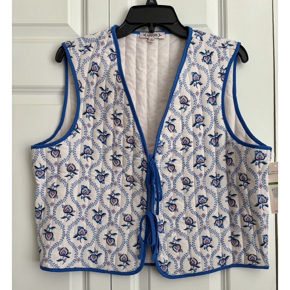 Nanette Lepore Quilted Vest Tie Front White Blue Floral Cotton Waistcoat L/XL
